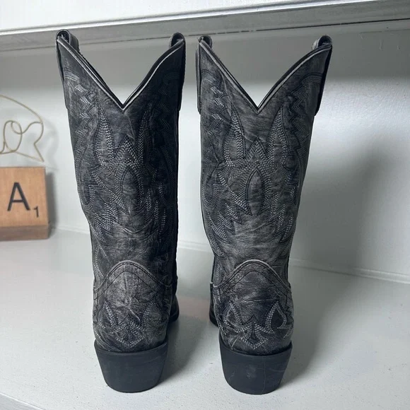 Laredo Black Western Boots Mens 7.5D Womens 9 Leather Cowboy Inlay Classic - Picture 5 of 8